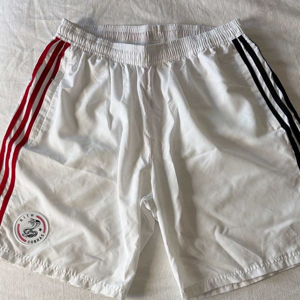 adidas White Athletic Shorts with Red and Black Stripes